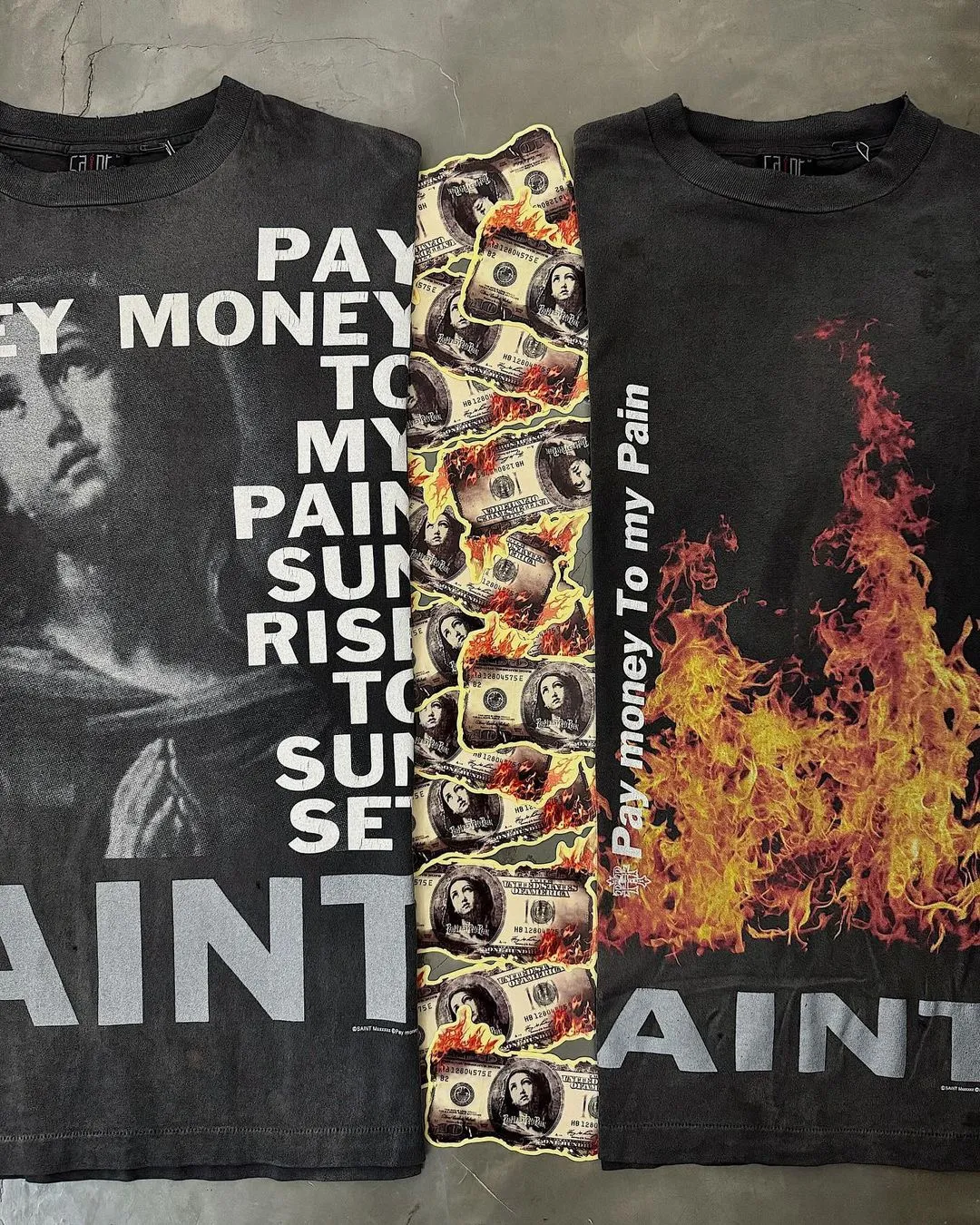 SAINT Mxxxxxx × PAY MONEY TO MY PAIN PTP_HOODIE/BRAND MONEY/BLK Co-branded PTP Virgin Mary dollar hoodie Washed black S-XL Assute dyeing The whole piece is sprayed with horse fade Mold customization joint main mark/washed mark Factory four-needle and six-thread workmanship No bone seams More comfortable to wear Repeated modification of proofing Authentic grade crack printing VINTAGE value is full